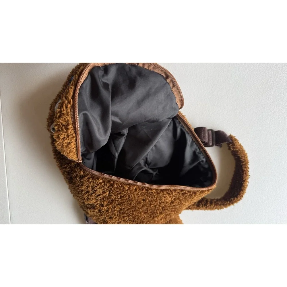 Kids Fuzzy Faux Fur Backpack Brown Ear Flaps Pockets Double Handles‎ Zipper